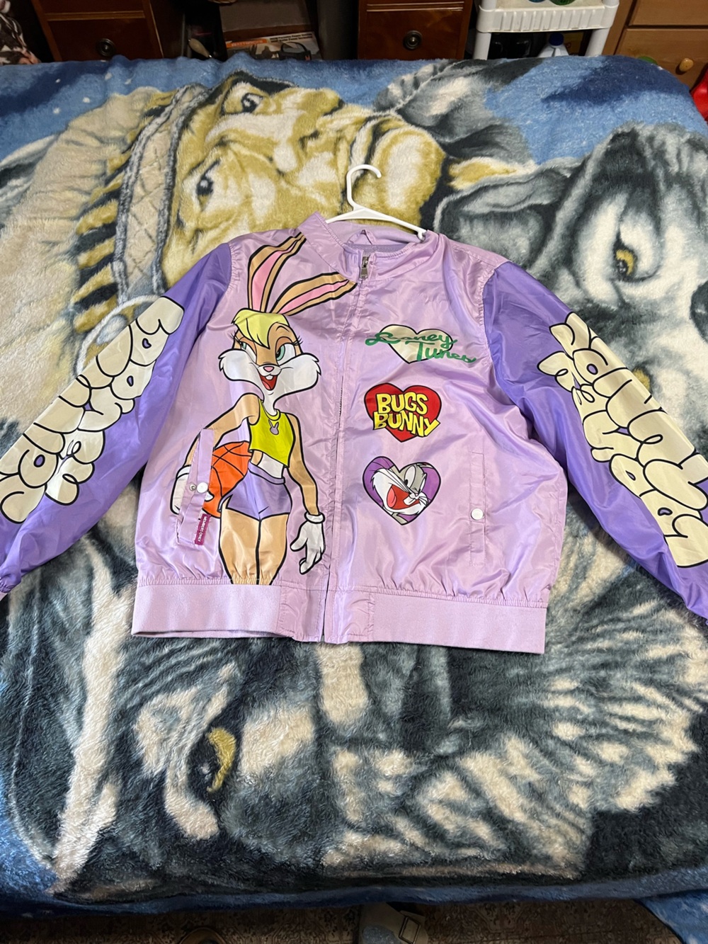 Looney Tunes x Members Only Lilac and Purple Bugs Bunny Graphic Puffer Jacket